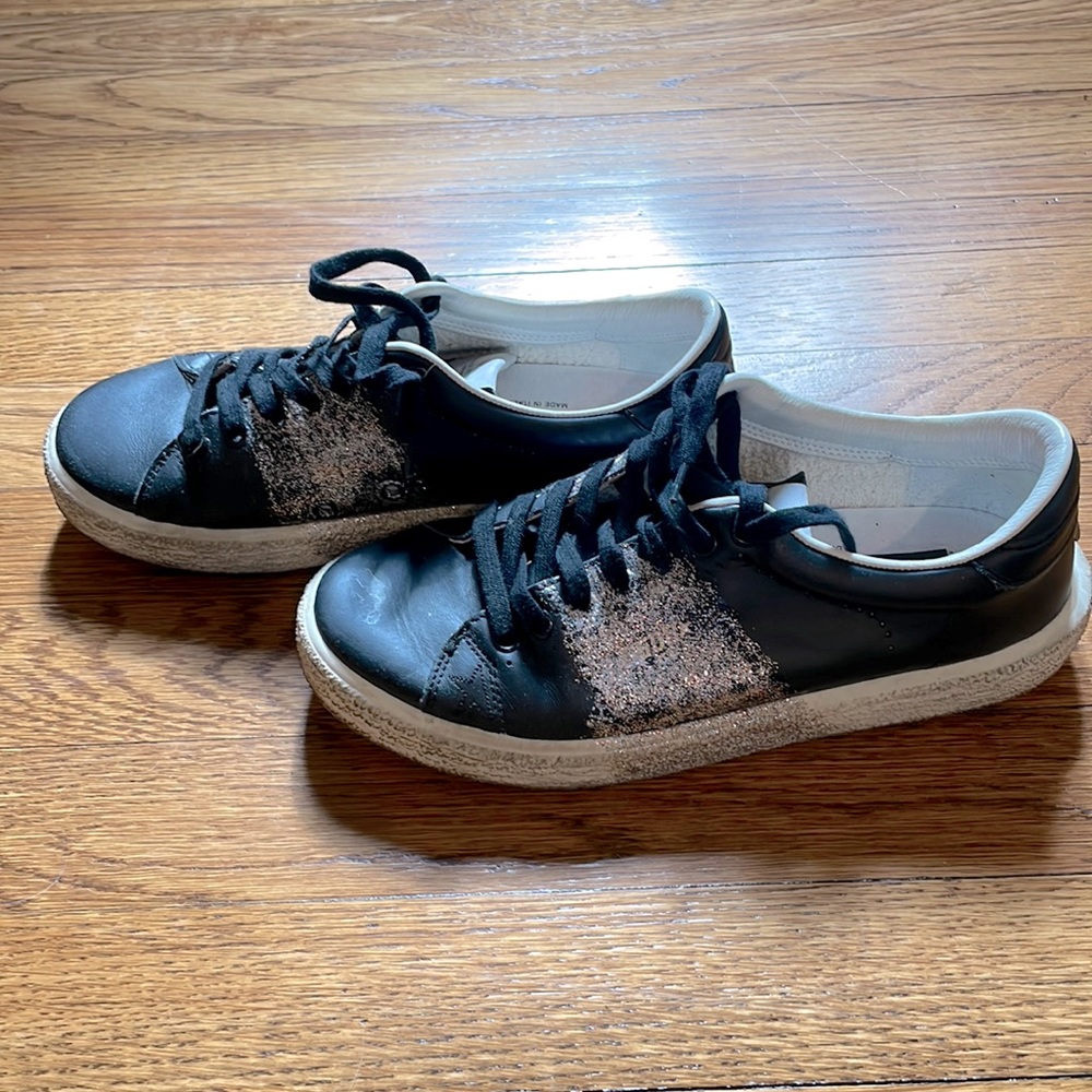 Golden Goose Delux brand. Tennis sneakers. Black with silver glitter. Size 35.